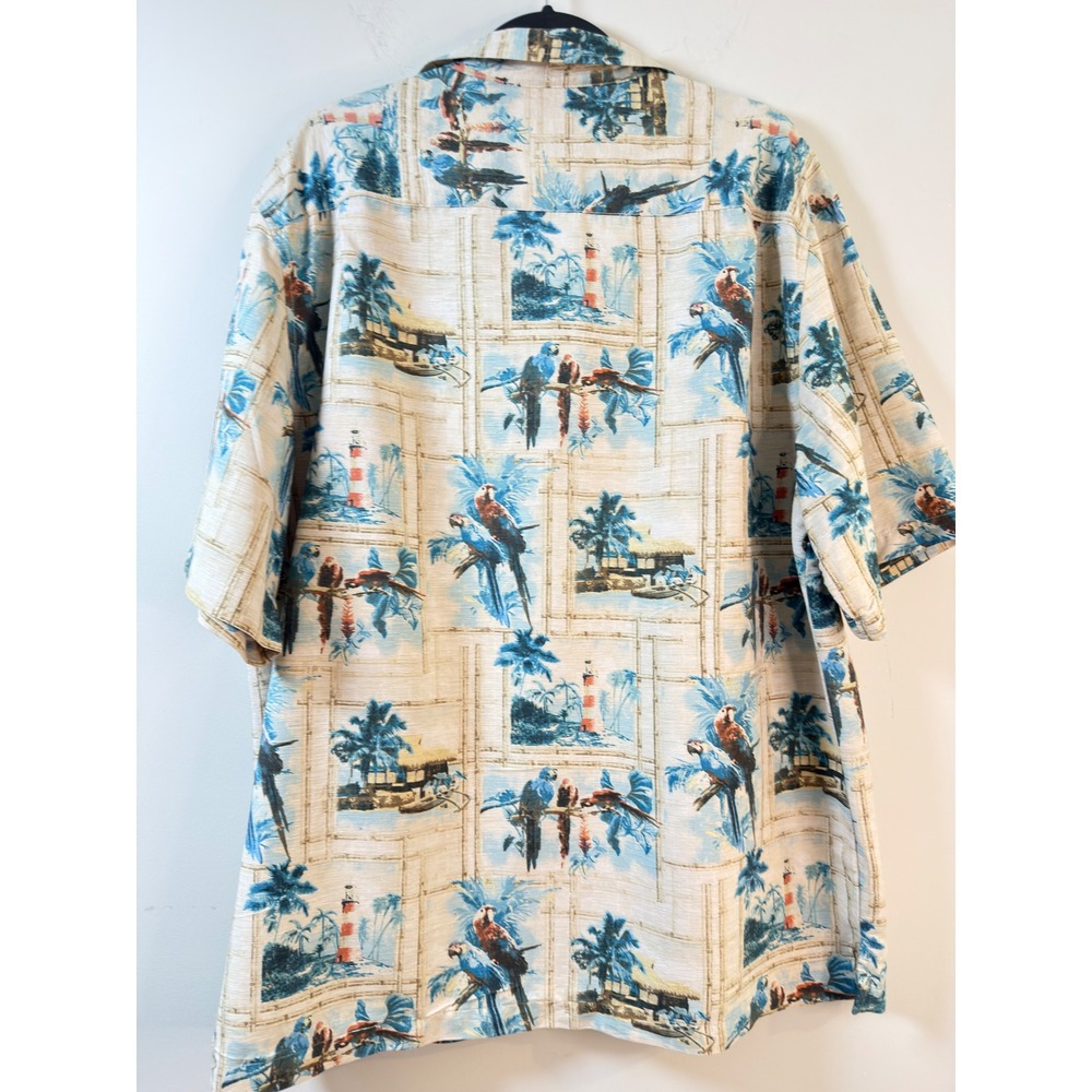 It's 5 O'Clock Somewhere 100% Silk Shirt Tan Parrot Tropical Print Mens XL - Picture 3 of 7